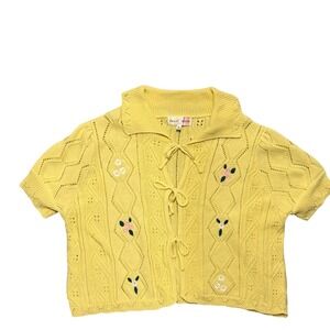 Hazel Moon Yellow Floral Embroidered Tie Front Knit Cardigan Sweater XL Cotton
